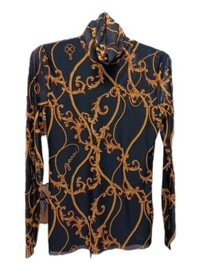 Ganni Black Top with Gold Baroque Motif